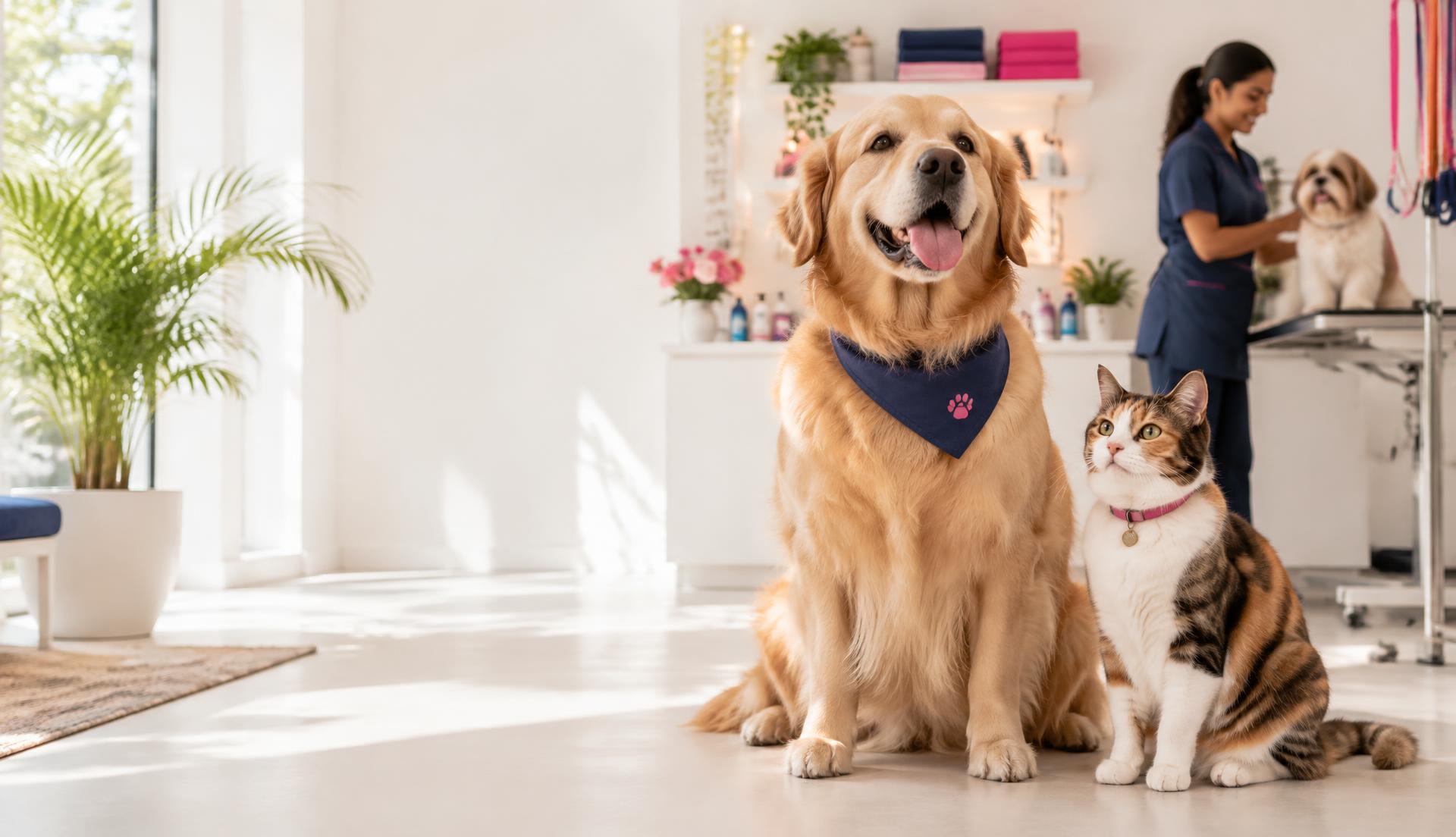 Happy groomed dog and cat in a bright professional pet care studio